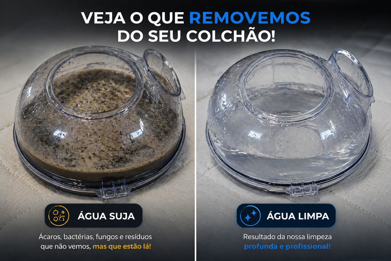 Água suja removida do colchão e água limpa após a higienização