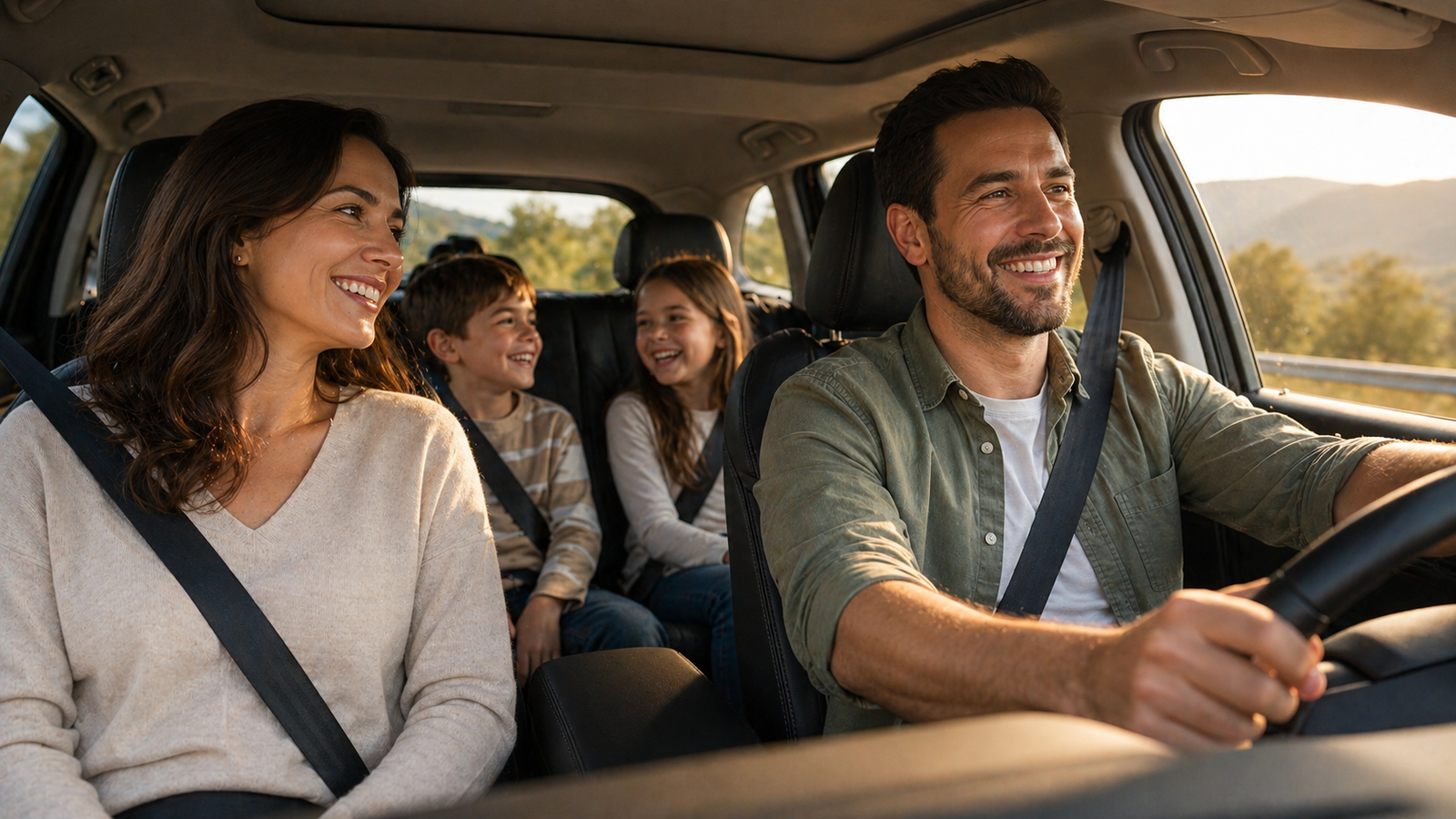 Família viajando em automóvel limpo