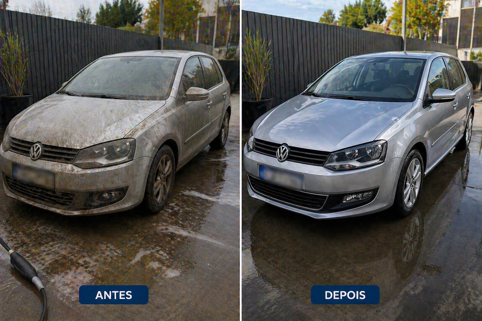 Antes e depois da limpeza exterior de um automóvel