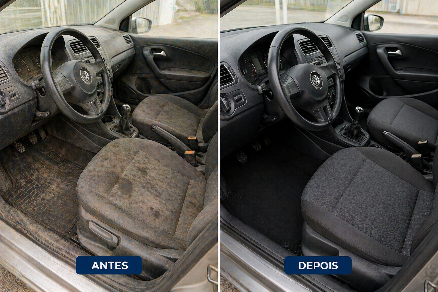 Antes e depois da higienização interior de um automóvel