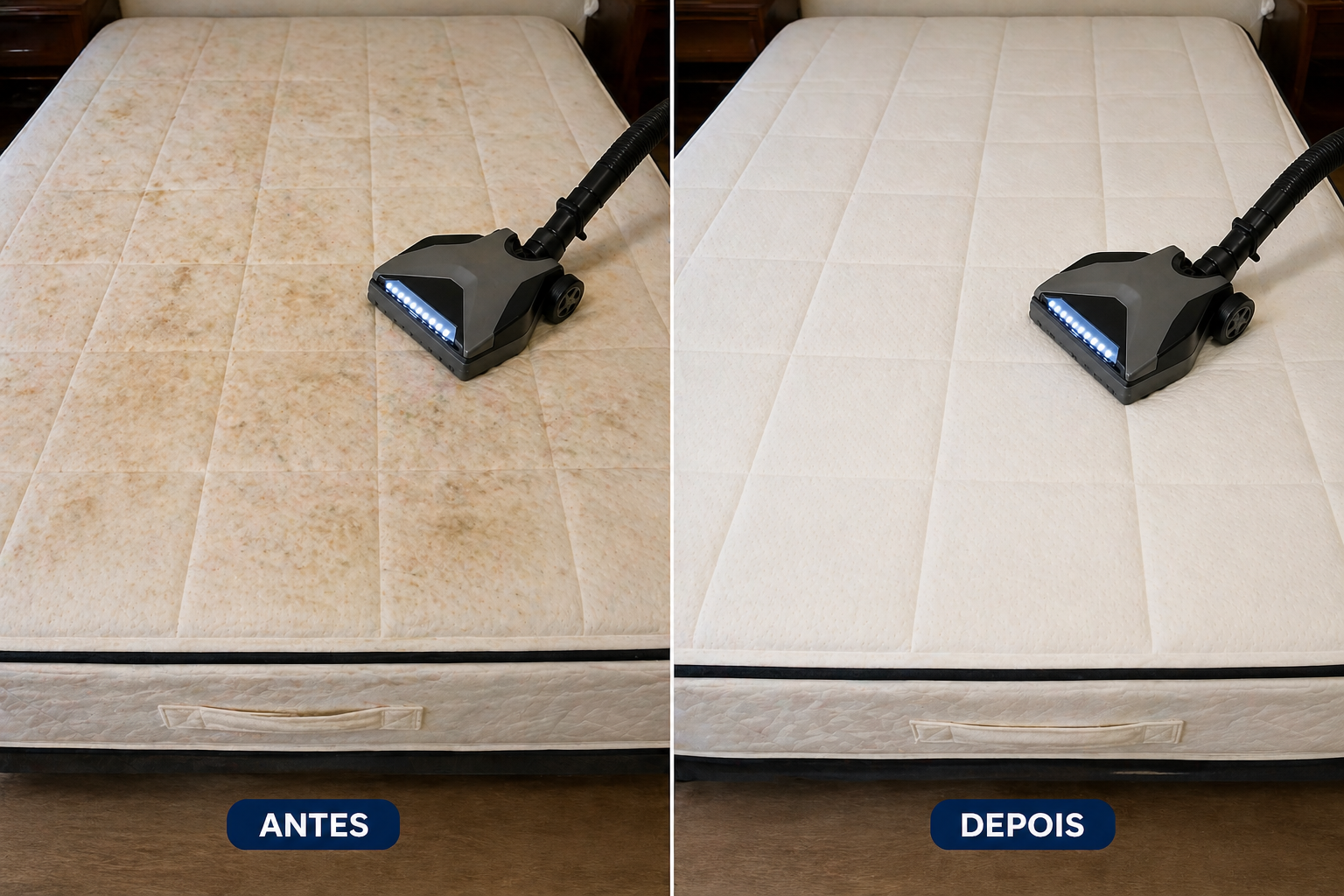 Antes e depois da higienização de um colchão