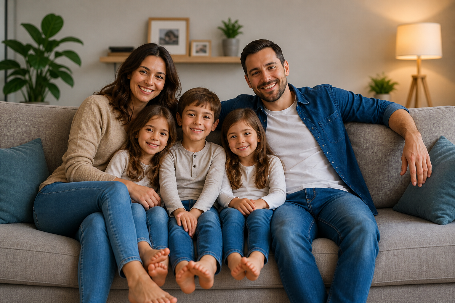 Família sentada num sofá limpo em casa