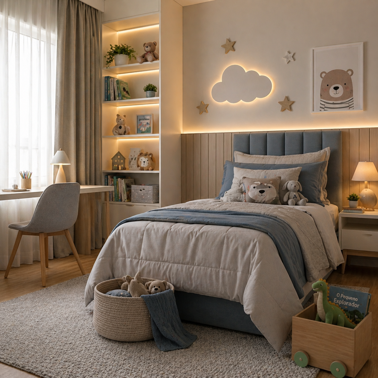 Quarto infantil com cama limpa e organizada