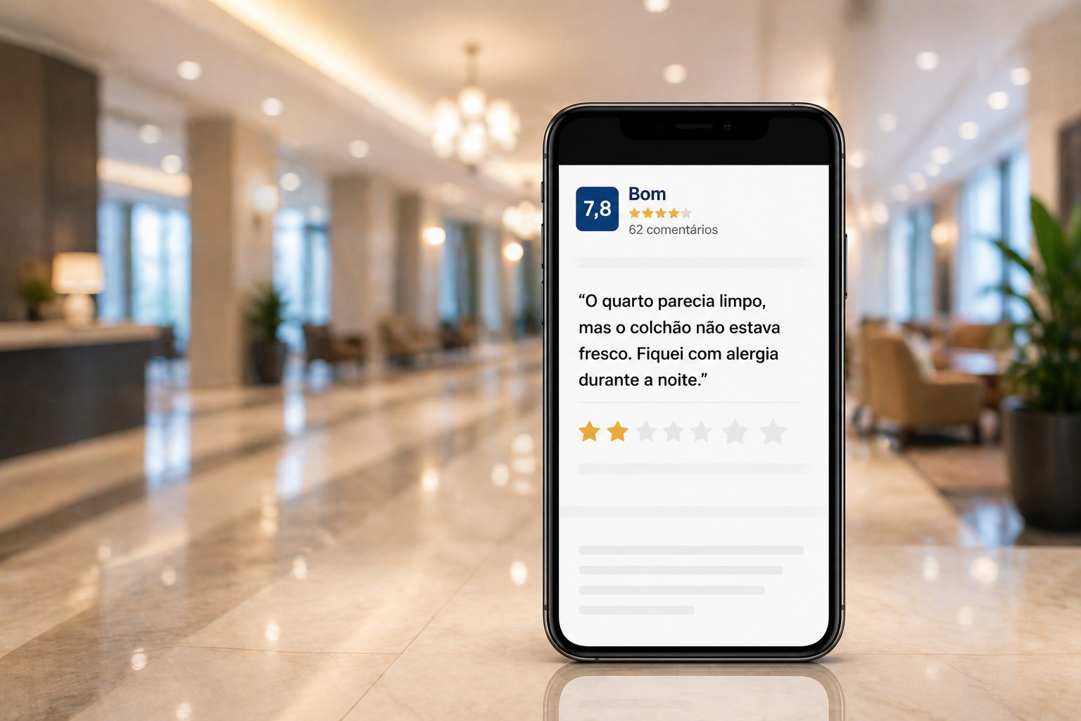 Telemóvel com avaliação de hóspede sobre quarto de hotel