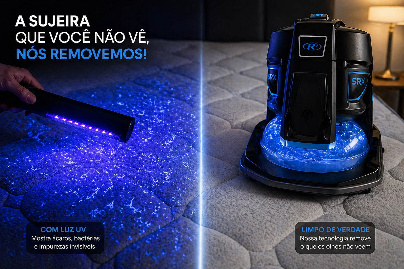 Tecnologia mostrando sujidade invisível em colchão